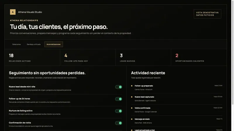 Athena CRM automation demonstration with fictitious follow-ups and recent activity