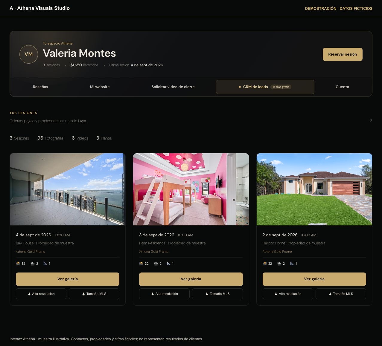 Athena Portal demonstration with a fictional customer and three sample sessions